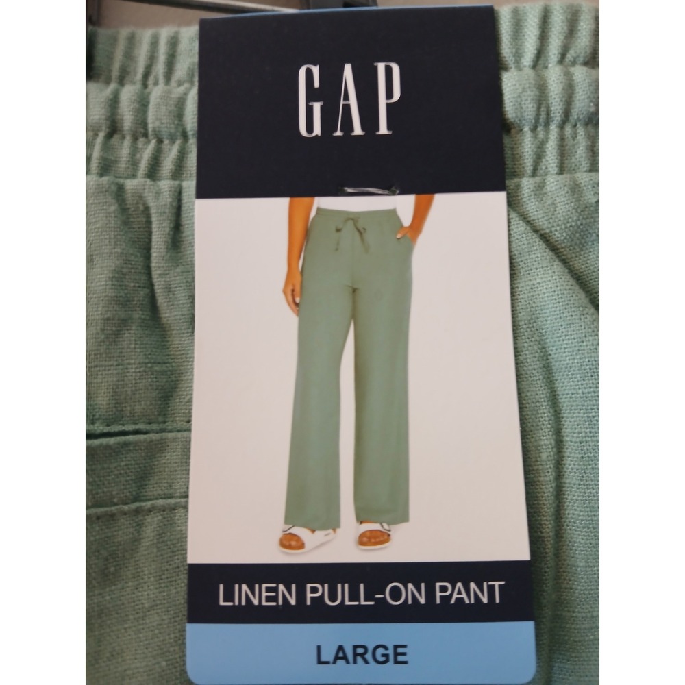 GAP Linen Pull-On Pants Sage Green Wide Leg Drawstring Trousers Large NEW - Picture 8 of 10